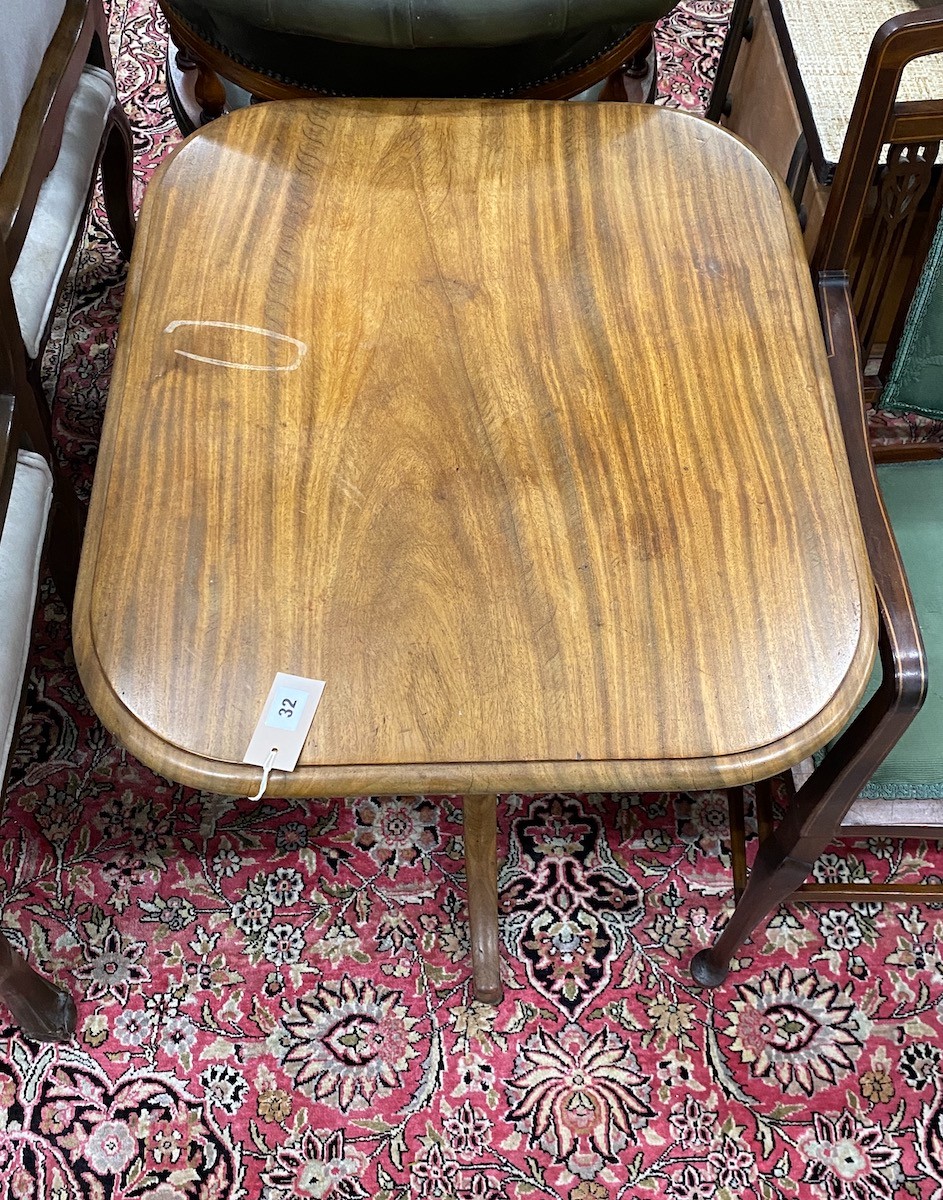 A Victorian rectangular mahogany tilt-top tripod table, width 70cm, depth 60cm, height 73cm